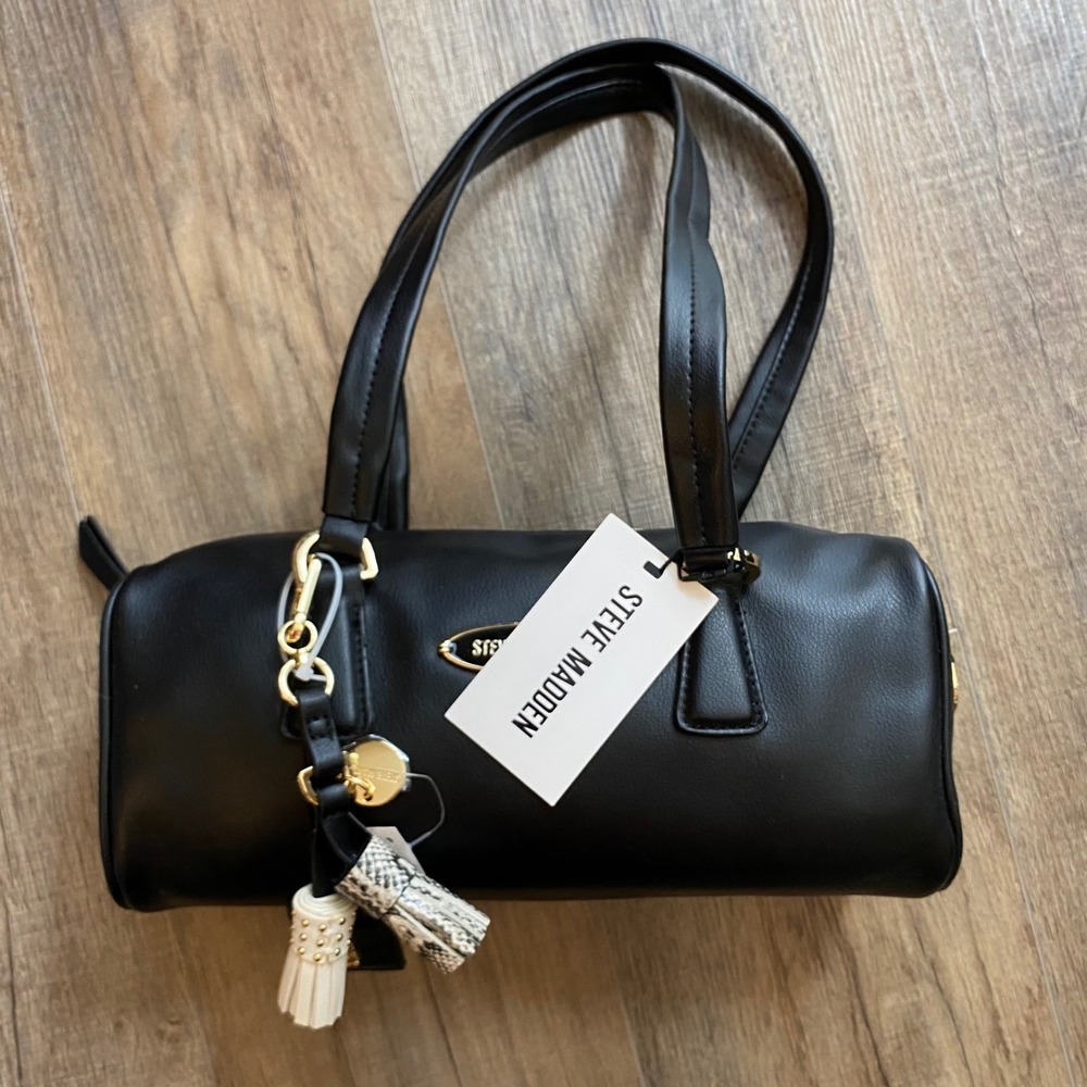 Steve Madden Bsilas Black Faux Leather Barrel Shoulder‎ Bag Gold Hardware